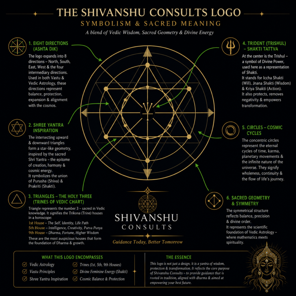 The Shivanshu Consults logo, an infographic showing symbolism and sacred meaning drawn from Vedic wisdom, sacred geometry, and divine energy.